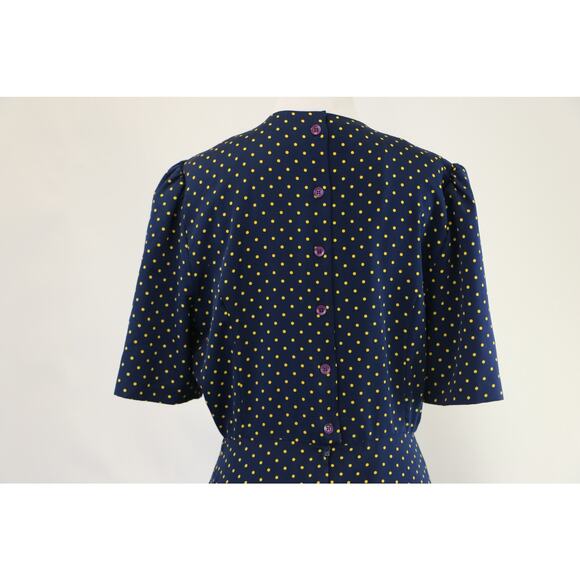 Vintage Navy Dress with Yellow Polka Dots, Full Skirt and Pockets Medium - Picture 8 of 10
